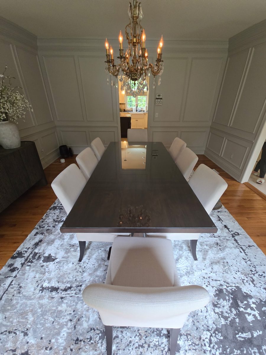 Custom glass tabletop on a wooden dining table